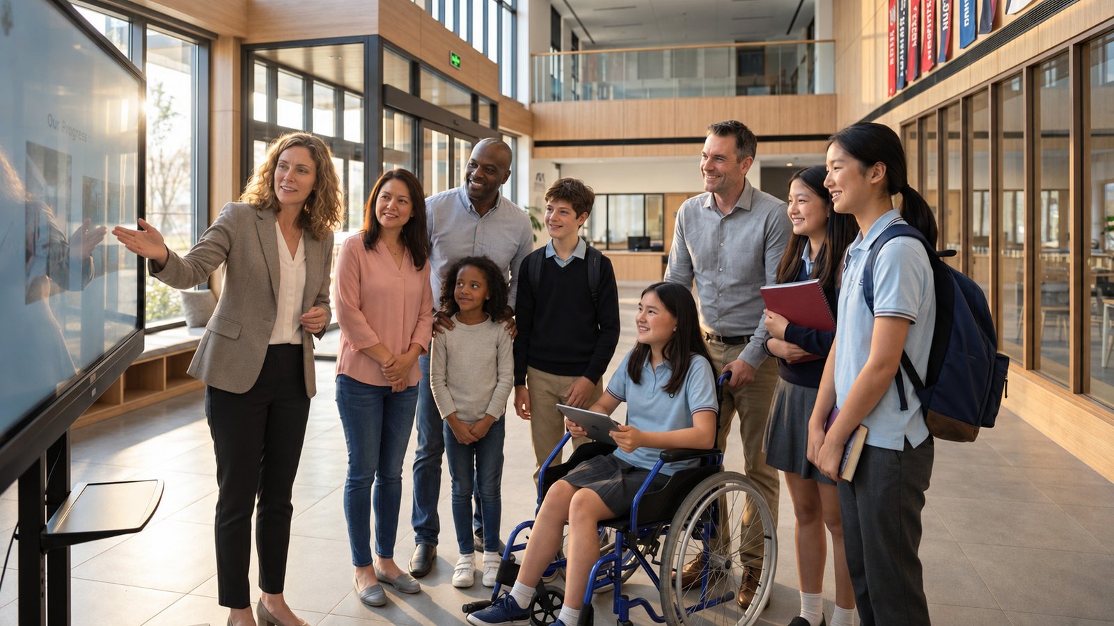 Happy diverse students and parents in a thriving inclusive school community